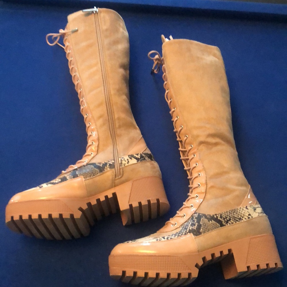 Cape Robbins Zipper Print & Tan Lace-Up Knee-High Boots - Picture 3 of 13